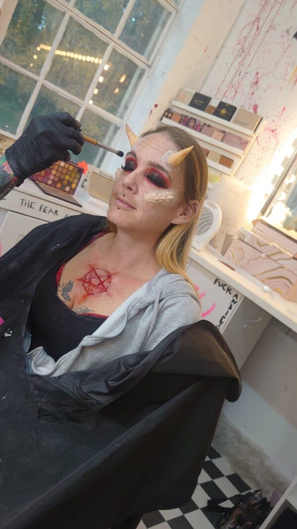 horns and wound prosthetic and makeup